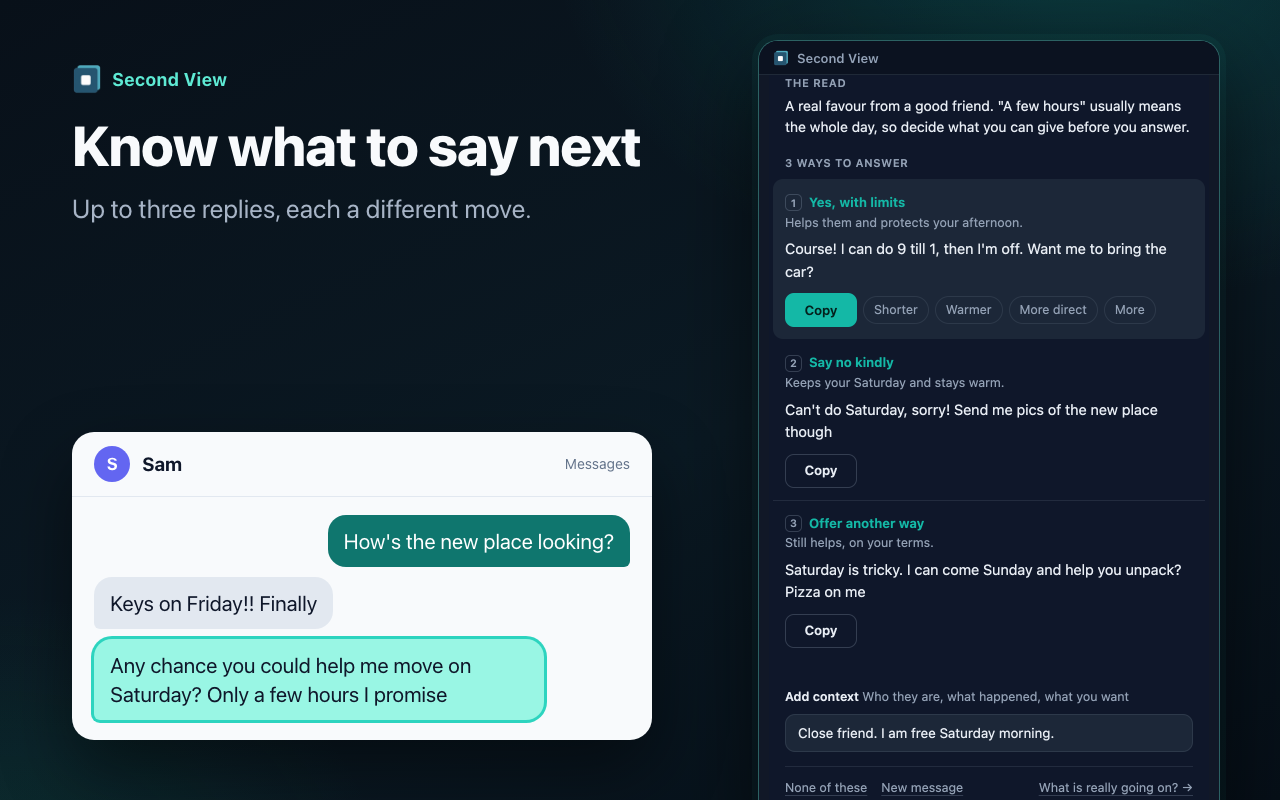 The Breezily side panel in Chrome. A friend asks for help moving on Saturday. The read says a few hours usually means the whole day. Three replies follow: Yes with limits, Say no kindly and Offer another way.